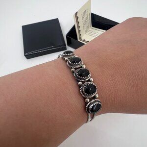 Vintage Native American Cuff Bracelet Sterling Silver 5 Stone Black Onyx